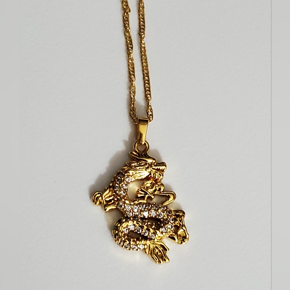 Dragon necklace and pendant real 18k gold plated twist chain 17" sparkly crystal